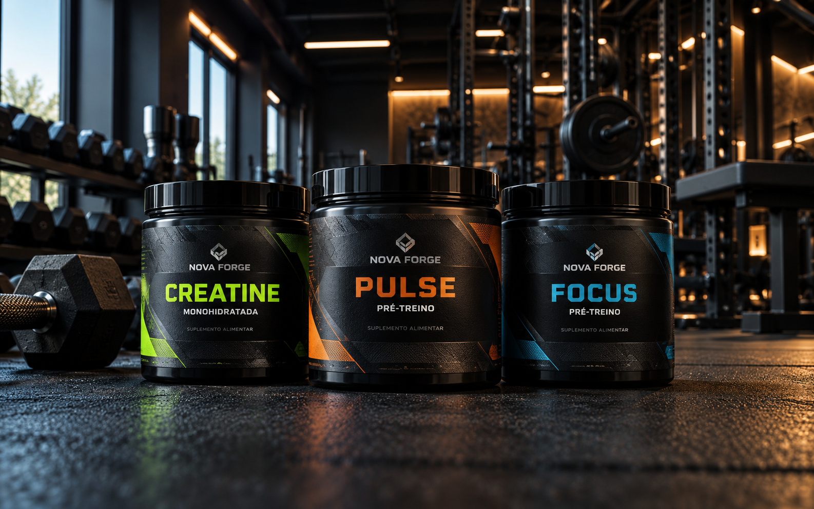 Linha NOVA FORGE de suplementação esportiva com creatina em destaque